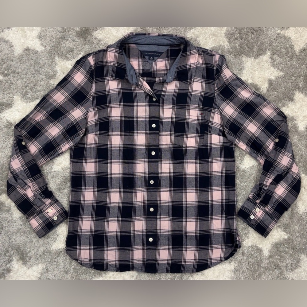 Tommy Hilfiger Women's Flannel Button Down Shirt Size Medium Navy And Pink